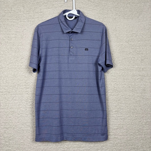 Travis Matthew Shirt Mens M Blue Striped Pull Over Golf Polo Preppy Office Logo - Picture 1 of 10
